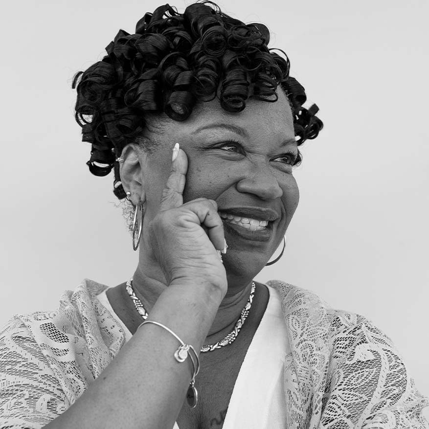 Black and white photograph of Sharon Richardson, founder of Just Soul Catering and Re-Entry Rocks