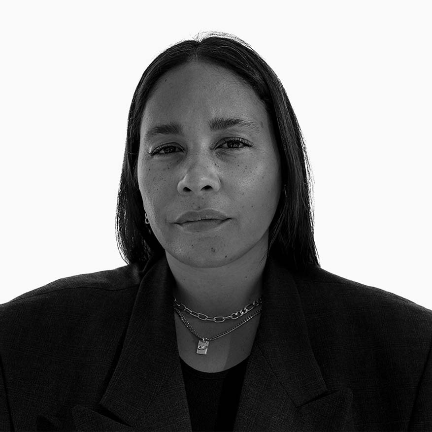 Black and white photograph of Geneva White who is building a more sustainable, inclusive and equitable creative economy in NYC.