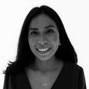 Black and white image Gabriela Campoverde who is helping lenders better assess risk to invest in no-credit, credit-thin, and immigrant small businesses