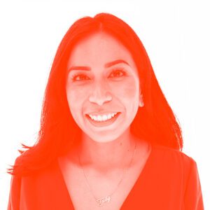 Photograph with a red overlay of Gabriela Campoverde who is helping lenders better assess risk to invest in no-credit, credit-thin, and immigrant small businesses