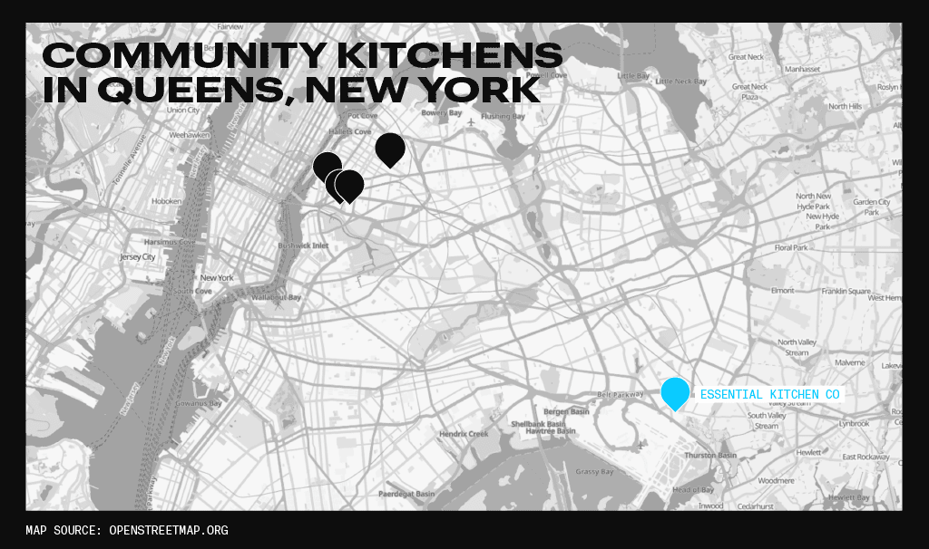 A map showing the density of commercial kitchens in Long Island City queens, and the lack of community kitchens where Dianna's is in Southeast Queens.