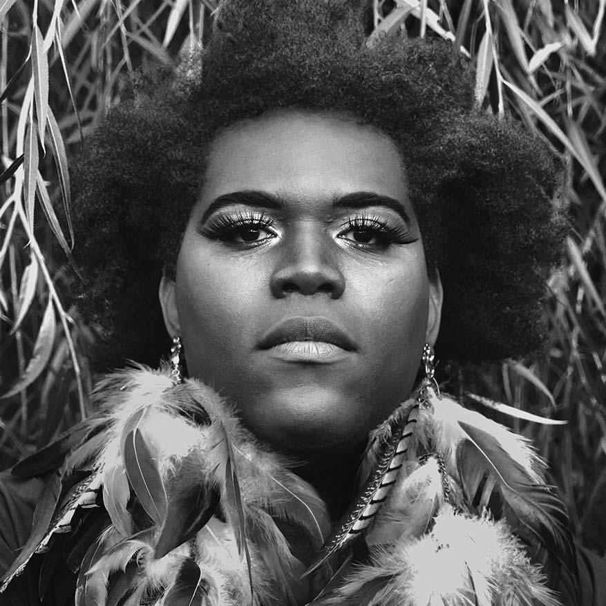 Black and white image of Qween Jean