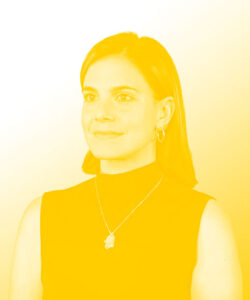 Photograph with a yellow overlay of Erika Sasson who is proving that even the most difficult of crimes — homicide — can be treated with care, healing, and using restorative justice