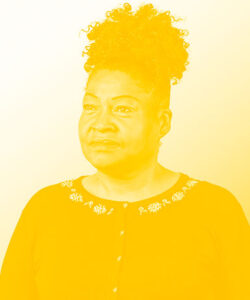 Photograph with a yellow overlay of Karen Blondel who is advocating for the 1 in 15 New Yorkers who live in New York City Public Housing