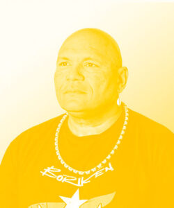 Photograph with a yellow overlay of Sam Rivera who is welcoming people who use drugs into compassionate care