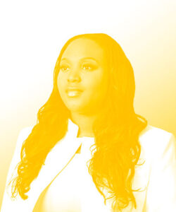 Photograph with a yellow overlay of Talia Scott who is diversifying the legal field by providing money, mentors, and resources to high potential Black women applying to law school
